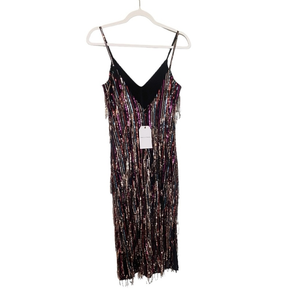 DRESS THE POPULATION Yvonne Rainbow Sequin Fringe Midi Dress Sz Medium - Picture 8 of 12